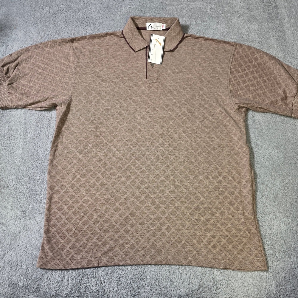 Haley Mens Medium Polo Shirt Tan Brown Geometric Textured Knit Cotton MS9458